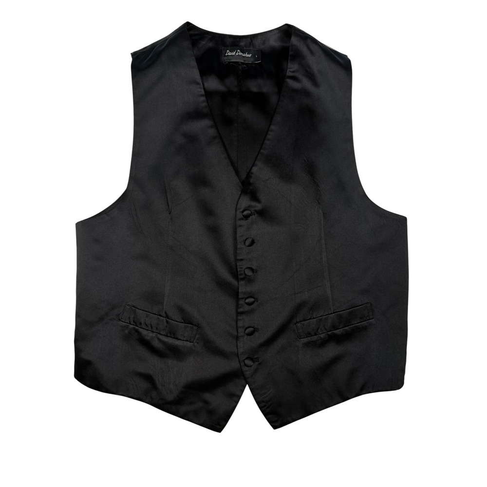 David Donahue Mens Black Silk Satin Tuxedo Vest Formal Waistcoat Size L Adj Back